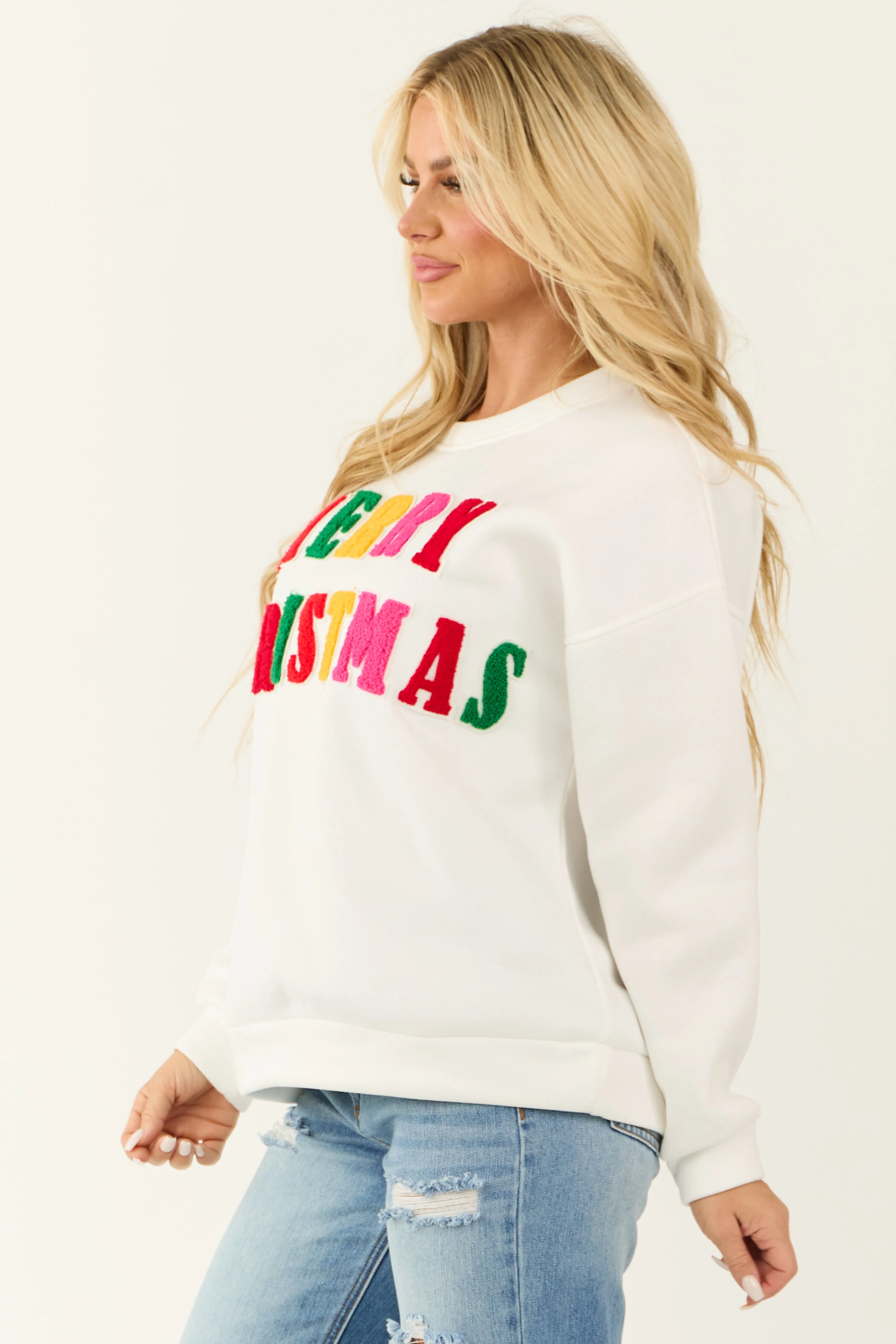 Ivory Merry Christmas Patch Detail Pullover Sweatshirt