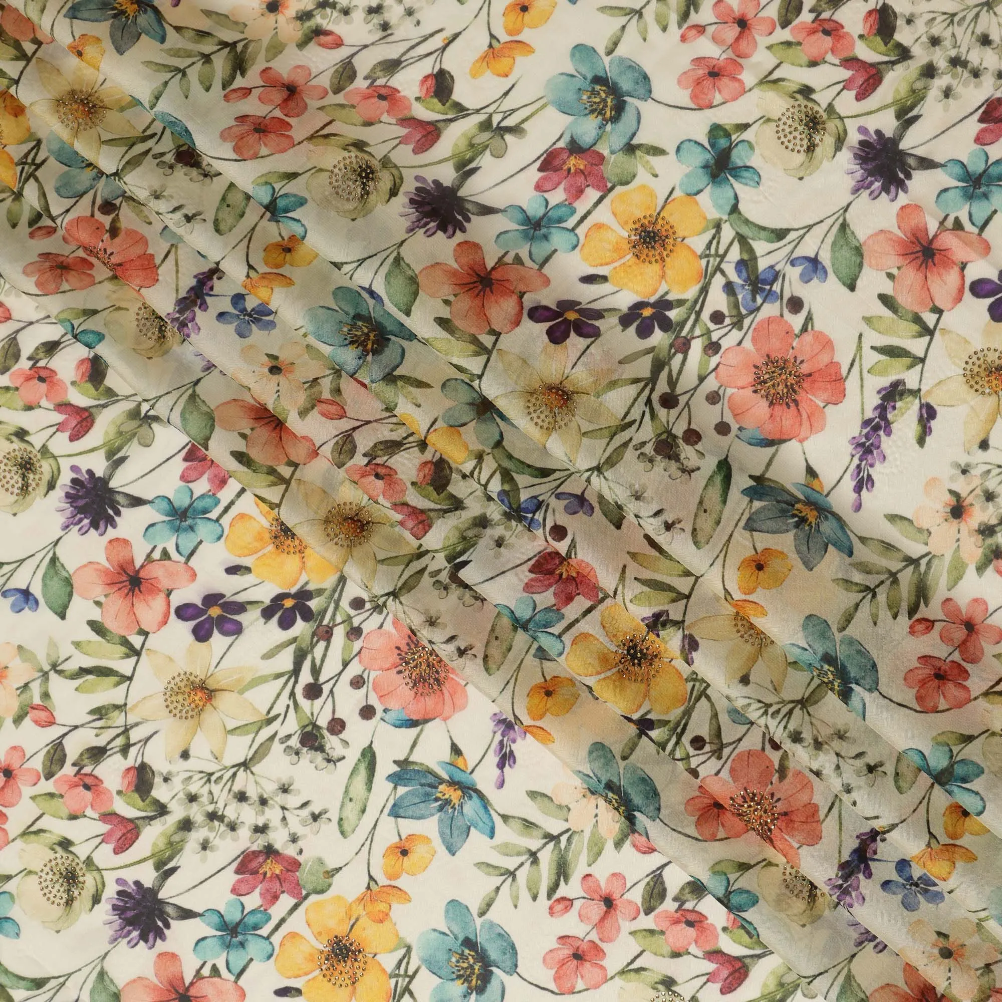 Ivory Synthetic Viscose Fabric with Multicolor Floral Print and Stone Work, 110 cm Width-D20584