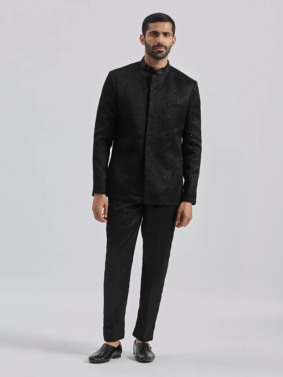 Jashvi Men's Black Silk Blend Jodhpuri,Pyjama Set