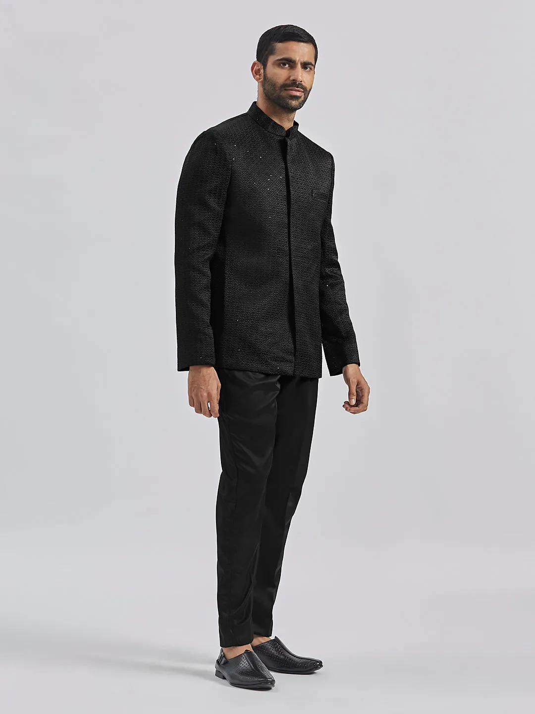 Jashvi Men's Black Silk Blend Jodhpuri,Pyjama Set