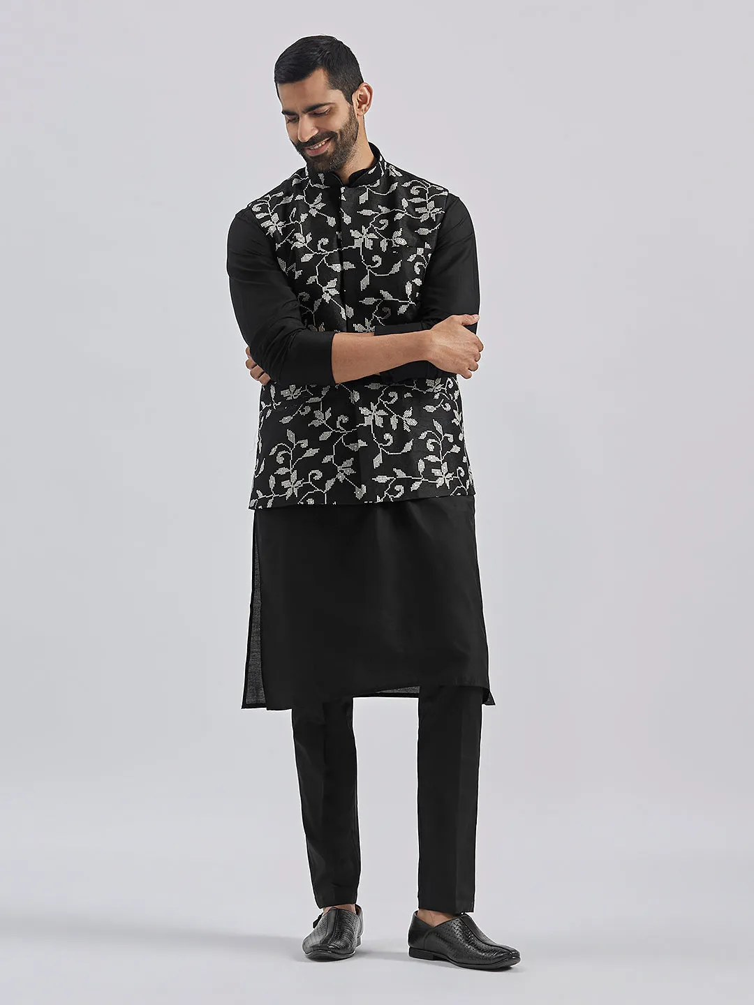 Jashvi Men's Black Viscose Jacket, Kurta and Pyjama Set