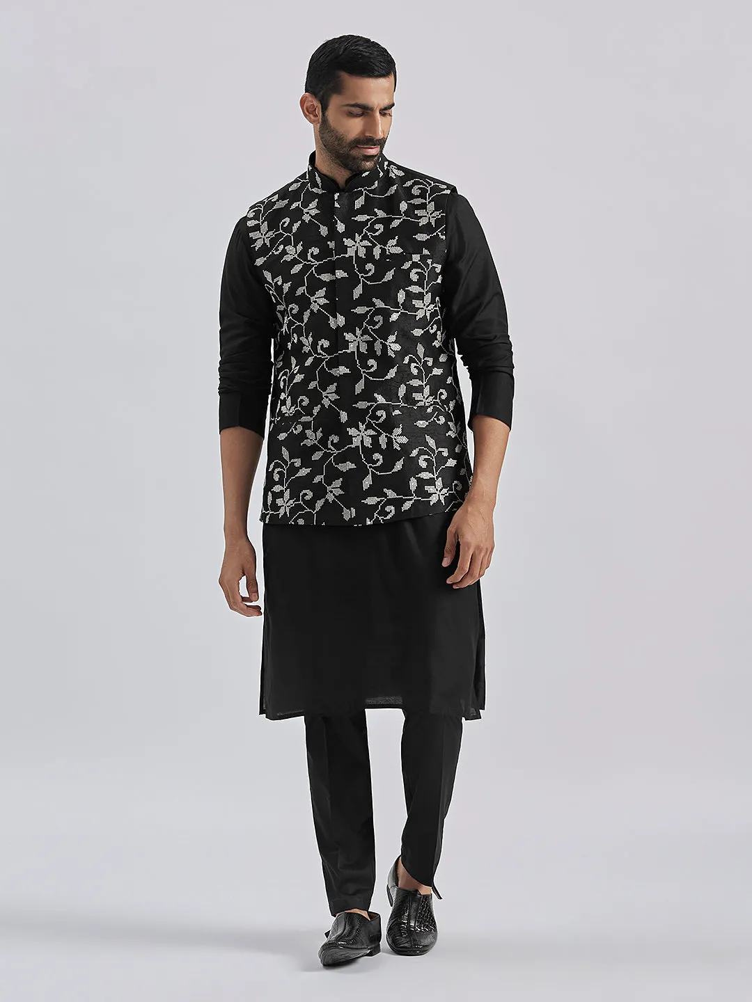 Jashvi Men's Black Viscose Jacket, Kurta and Pyjama Set