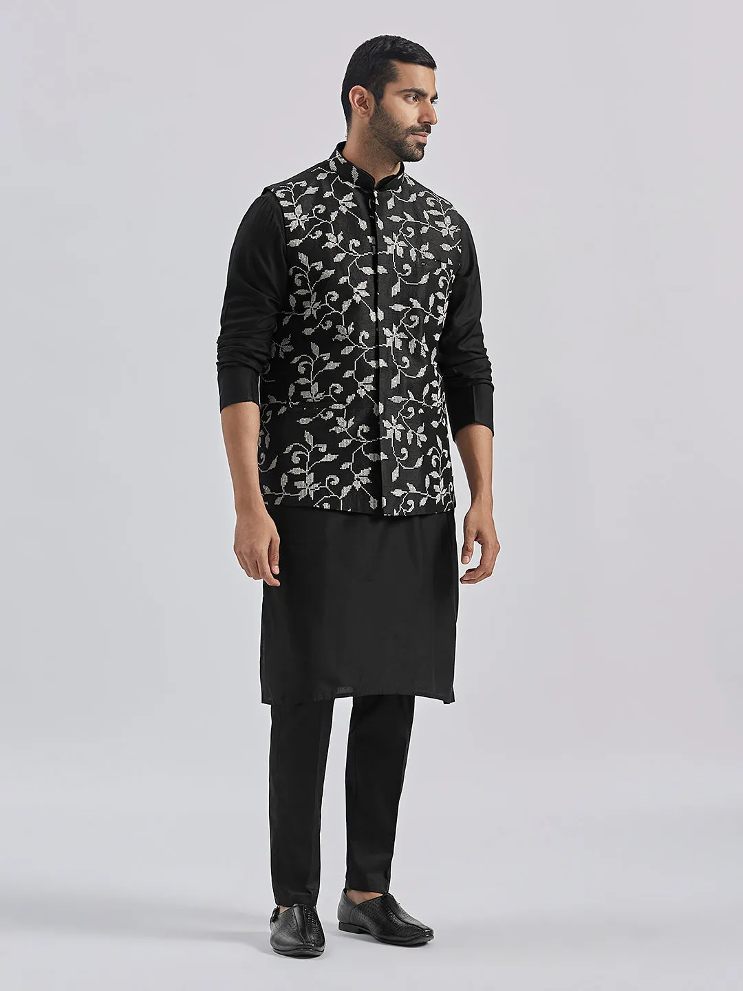 Jashvi Men's Black Viscose Jacket, Kurta and Pyjama Set