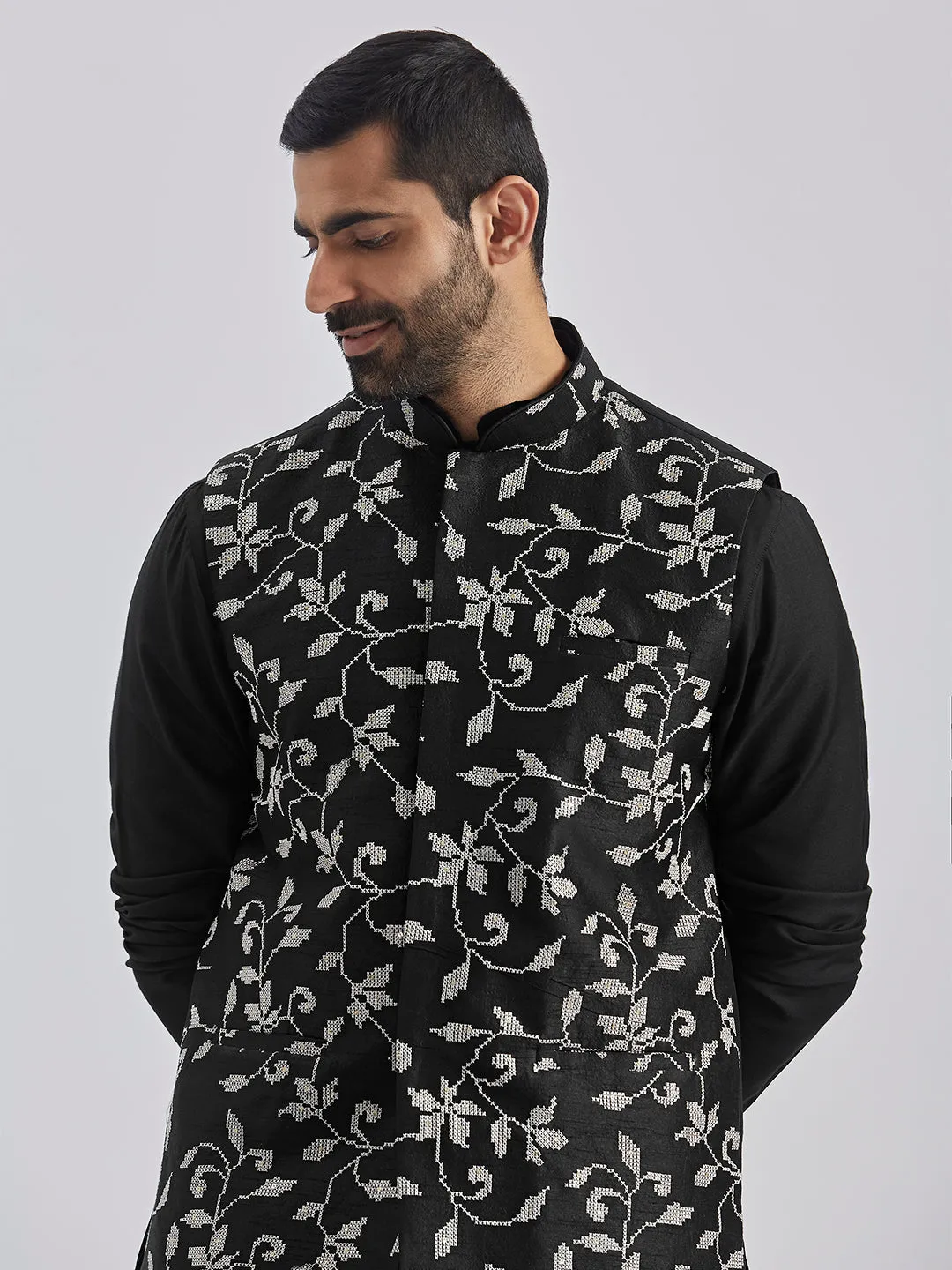 Jashvi Men's Black Viscose Jacket, Kurta and Pyjama Set