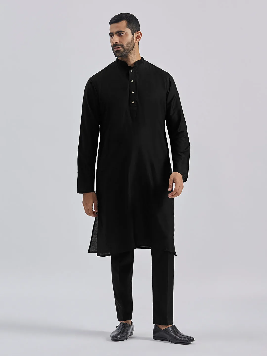 Jashvi Men's Black Viscose Jacket, Kurta and Pyjama Set