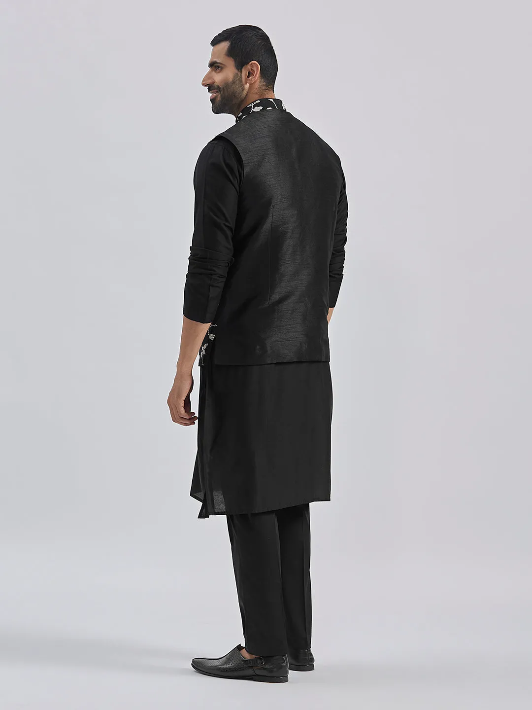 Jashvi Men's Black Viscose Jacket, Kurta and Pyjama Set