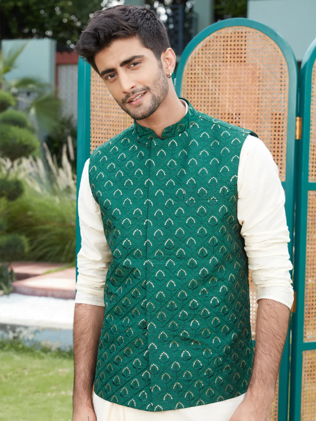 Jashvi Men's Green Embellishd Ethnic Nehru Jacket