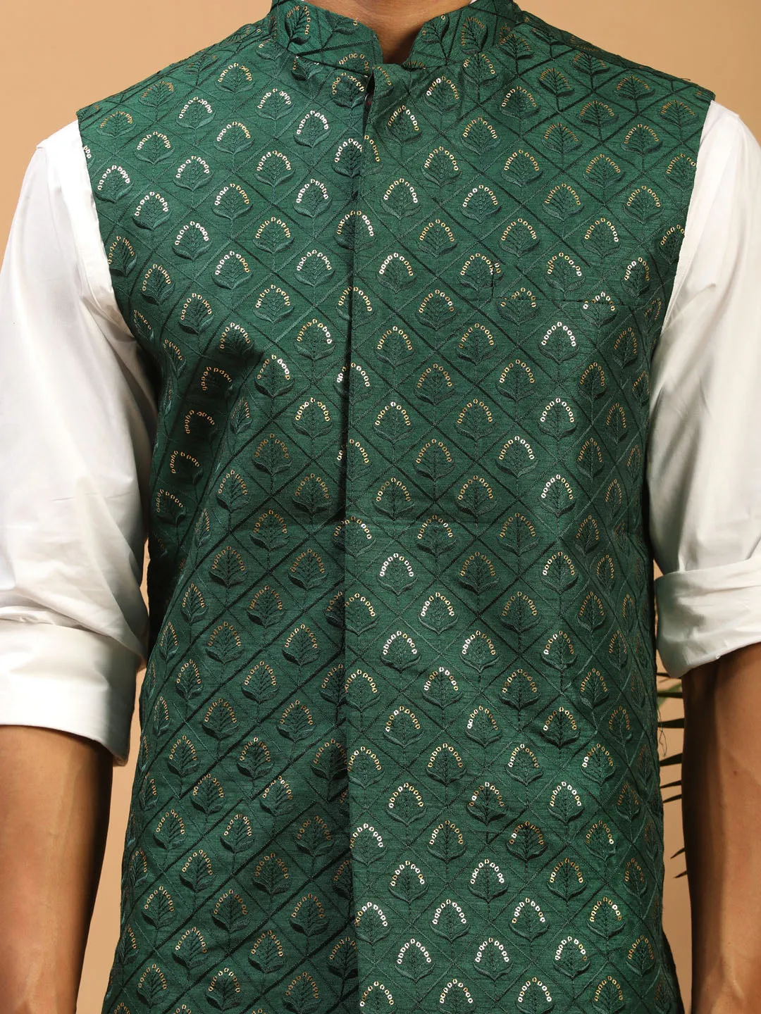 Jashvi Men's Green Embellishd Ethnic Nehru Jacket