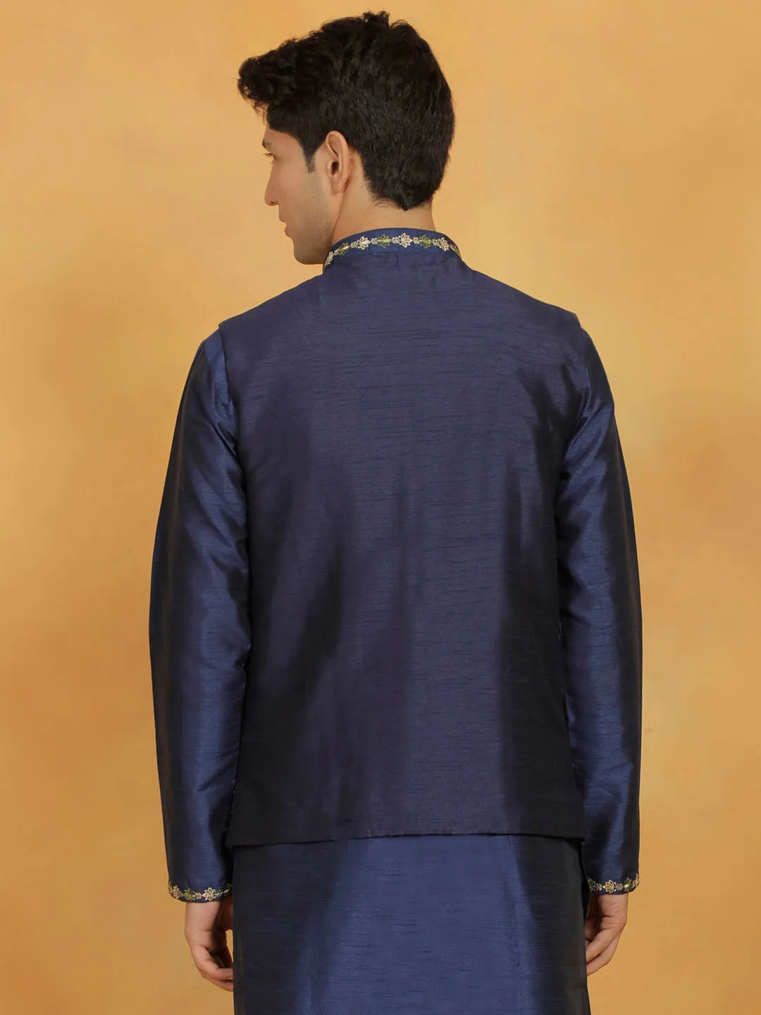 Jashvi Men's Navy Blue Dupion Silk Nehru Jacket