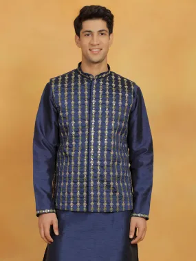 Jashvi Men's Navy Blue Dupion Silk Nehru Jacket