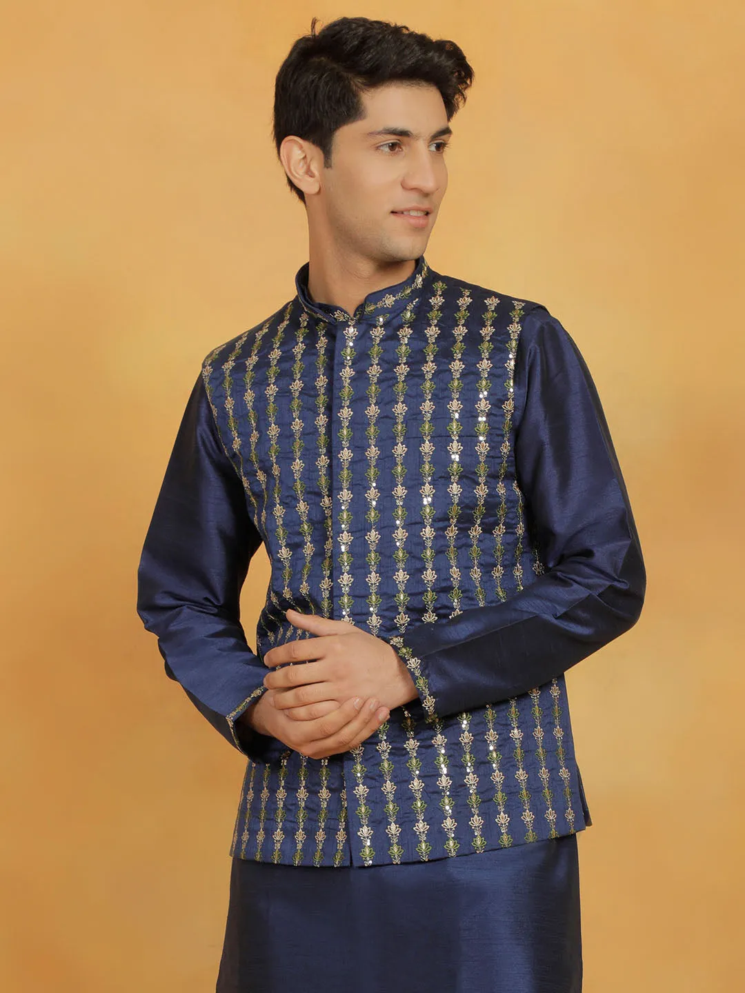 Jashvi Men's Navy Blue Dupion Silk Nehru Jacket