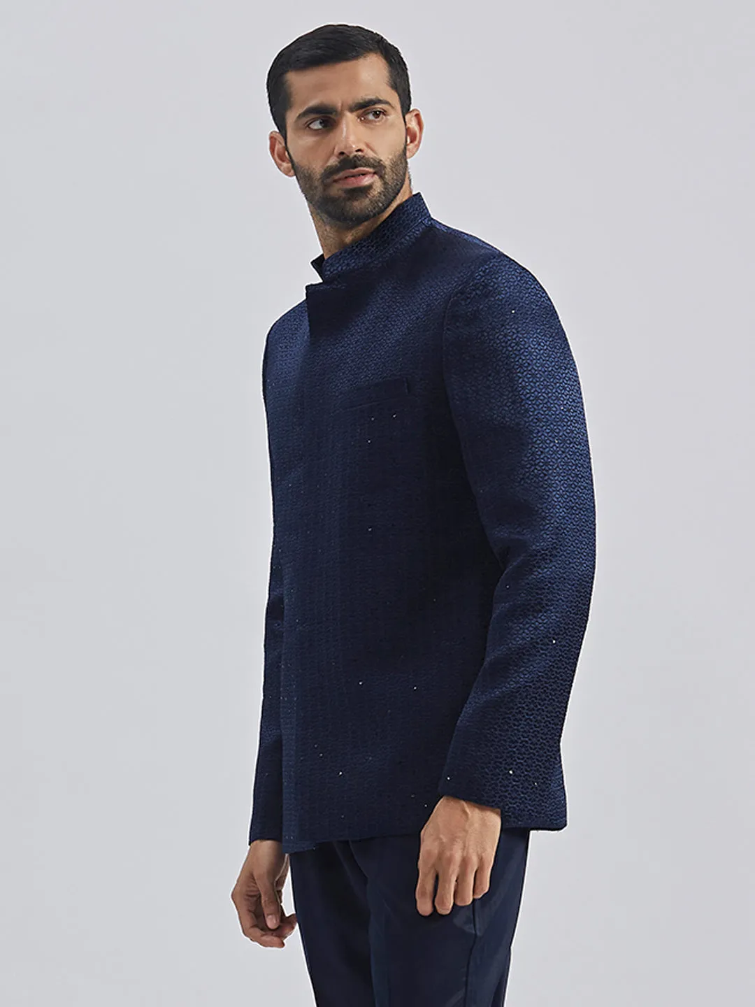 Jashvi Men's Navy Blue Silk Blend Jodhpuri