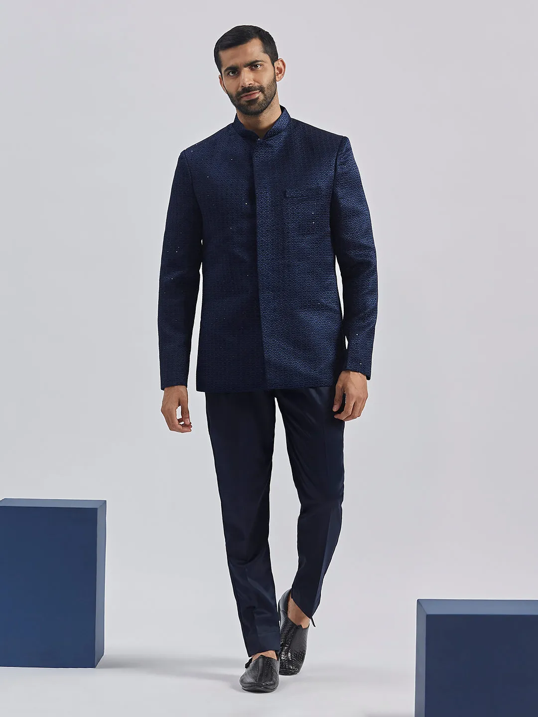 Jashvi Men's Navy Blue Silk Blend Jodhpuri