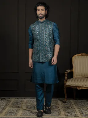 Jashvi Men's Turquoise Dupion Silk Jacket, Kurta and Pyjama Set