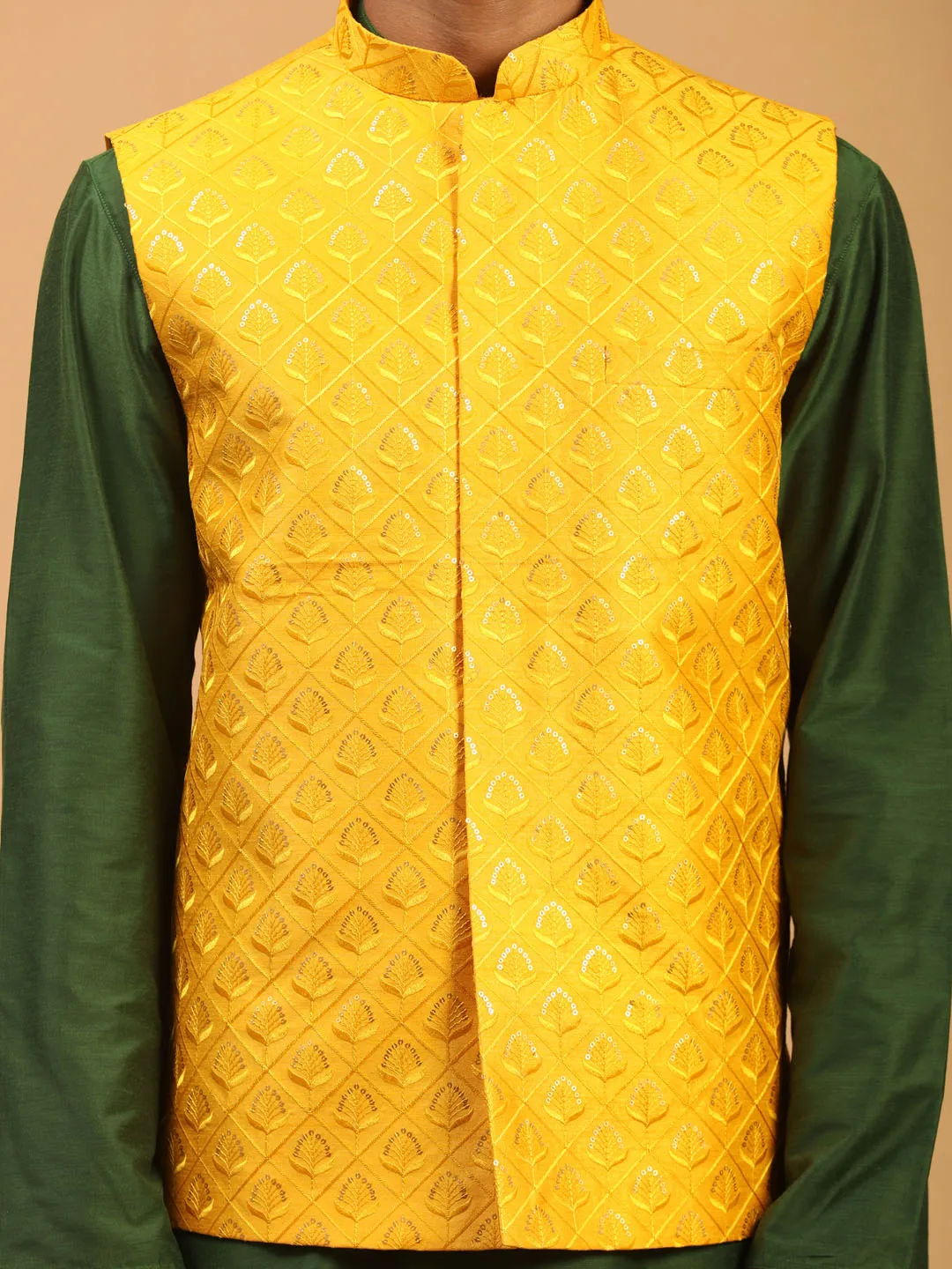 Jashvi Men's Yellow Embellished Ethnic Nehru Jacket with Kurta Pyjama Set