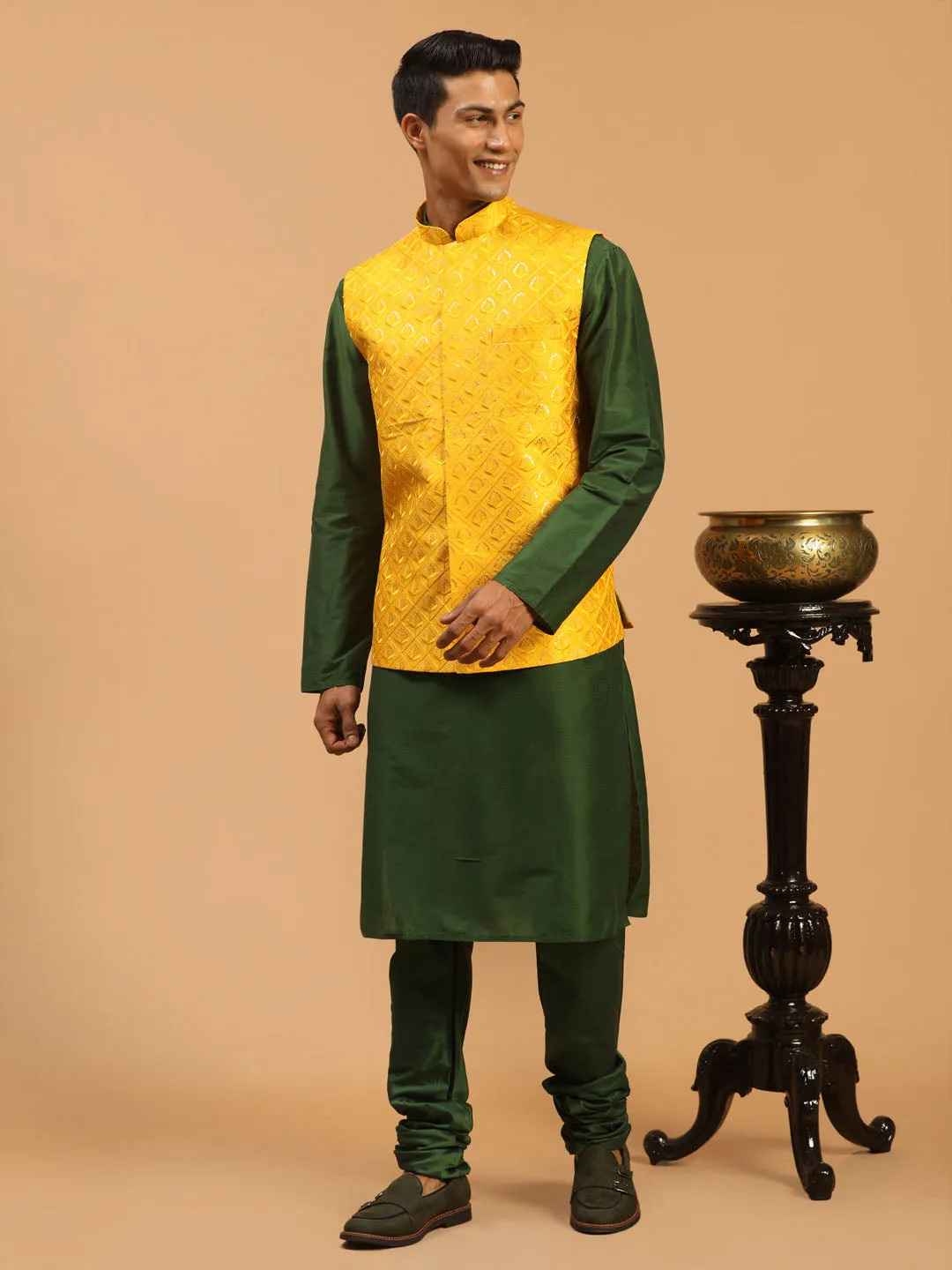 Jashvi Men's Yellow Embellished Ethnic Nehru Jacket with Kurta Pyjama Set