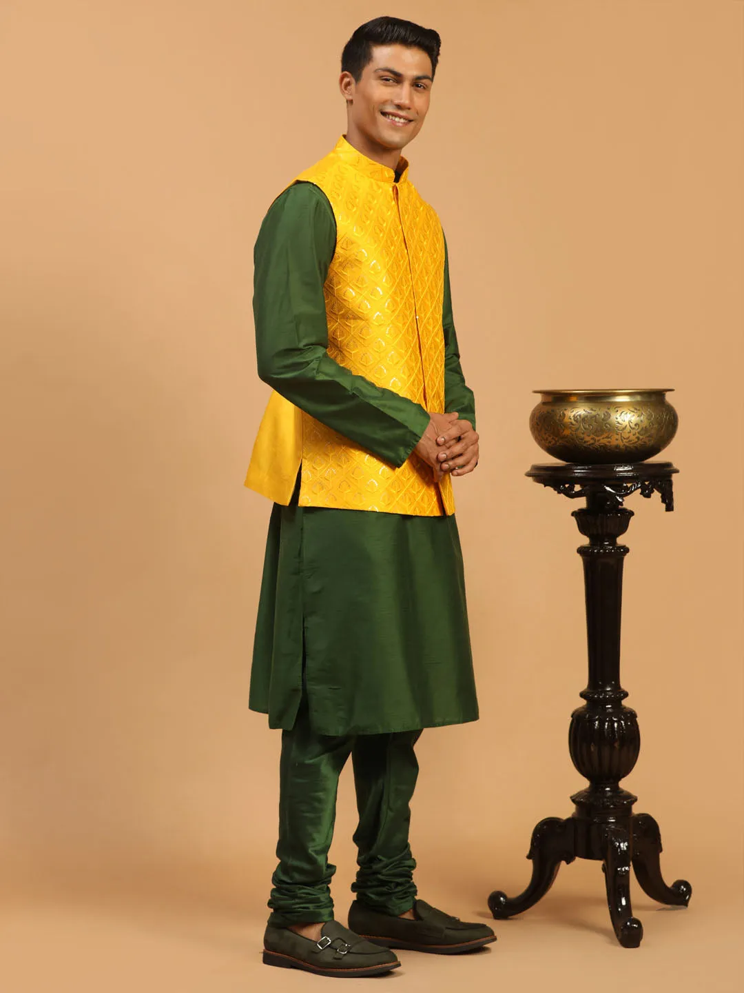 Jashvi Men's Yellow Embellished Ethnic Nehru Jacket with Kurta Pyjama Set