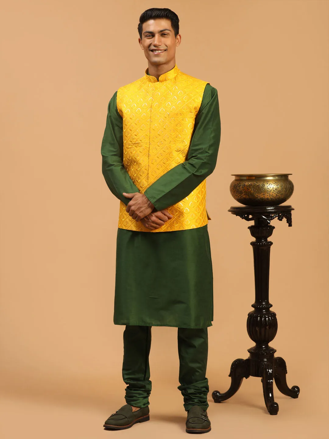 Jashvi Men's Yellow Embellished Ethnic Nehru Jacket with Kurta Pyjama Set