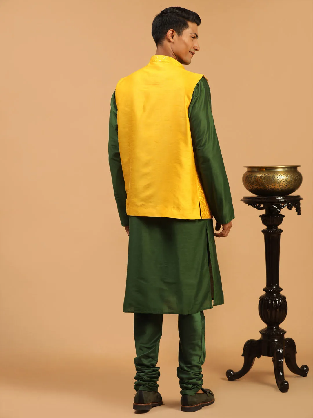 Jashvi Men's Yellow Embellished Ethnic Nehru Jacket with Kurta Pyjama Set