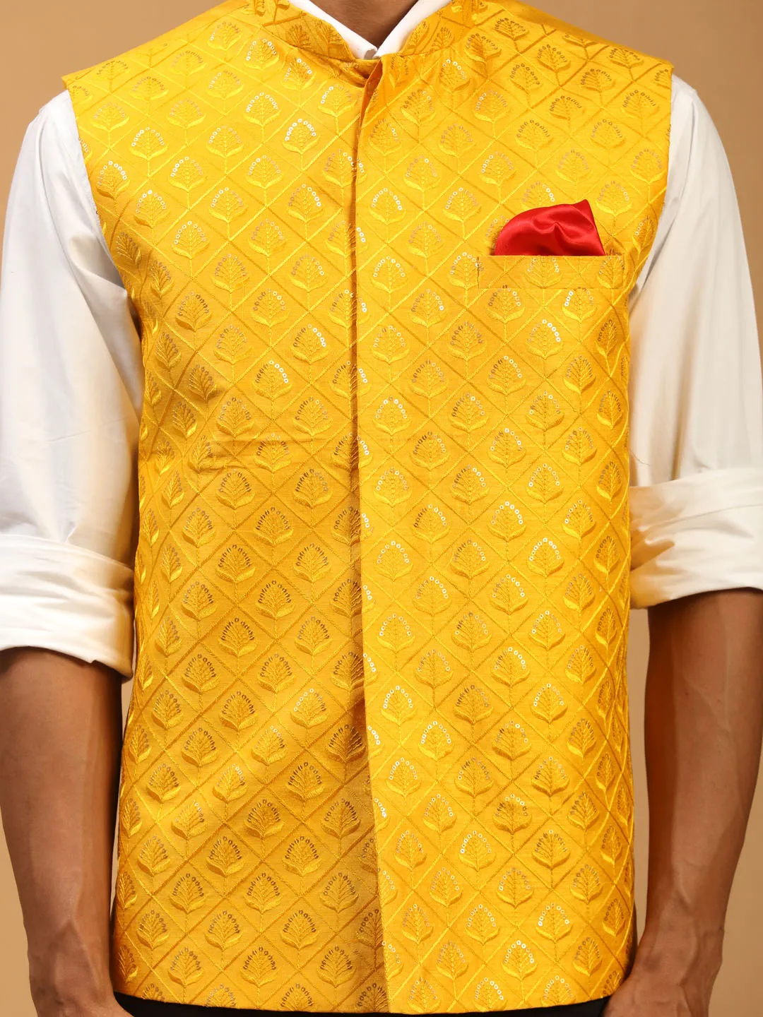 Jashvi Men's Yellow Embellished Ethnic Nehru Jacket