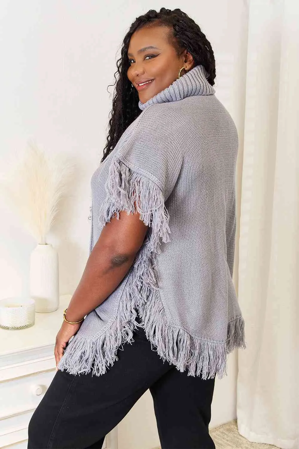 Justin Taylor Turtle Neck Fringe Poncho