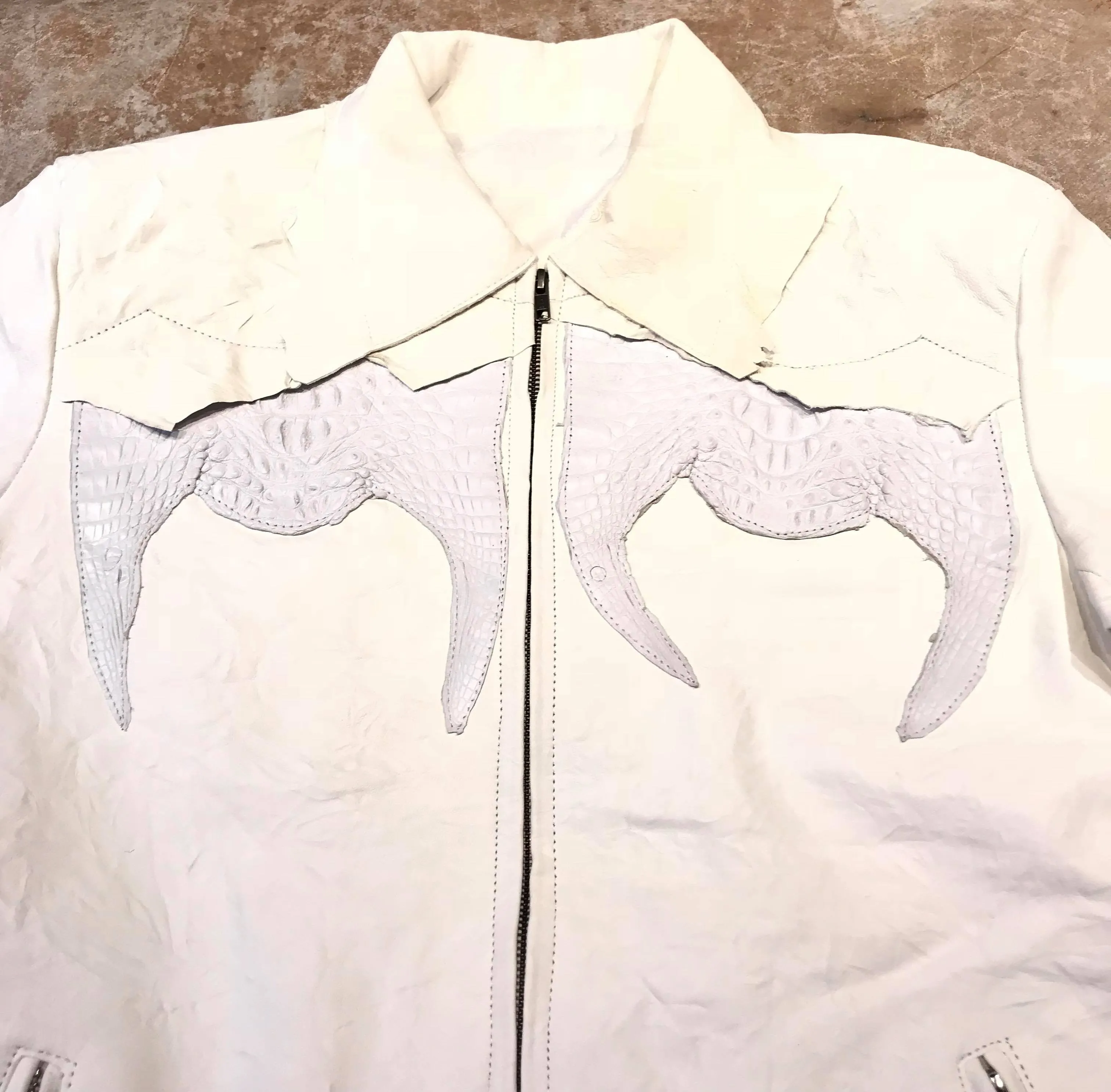 Kashani LUX White Raw Cut Alligator Lambskin Bomber Jacket