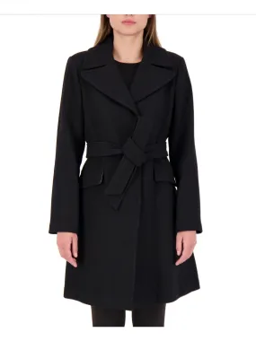 KATE SPADE Women's Black Belted Wool Blend Midi Wrap Coat