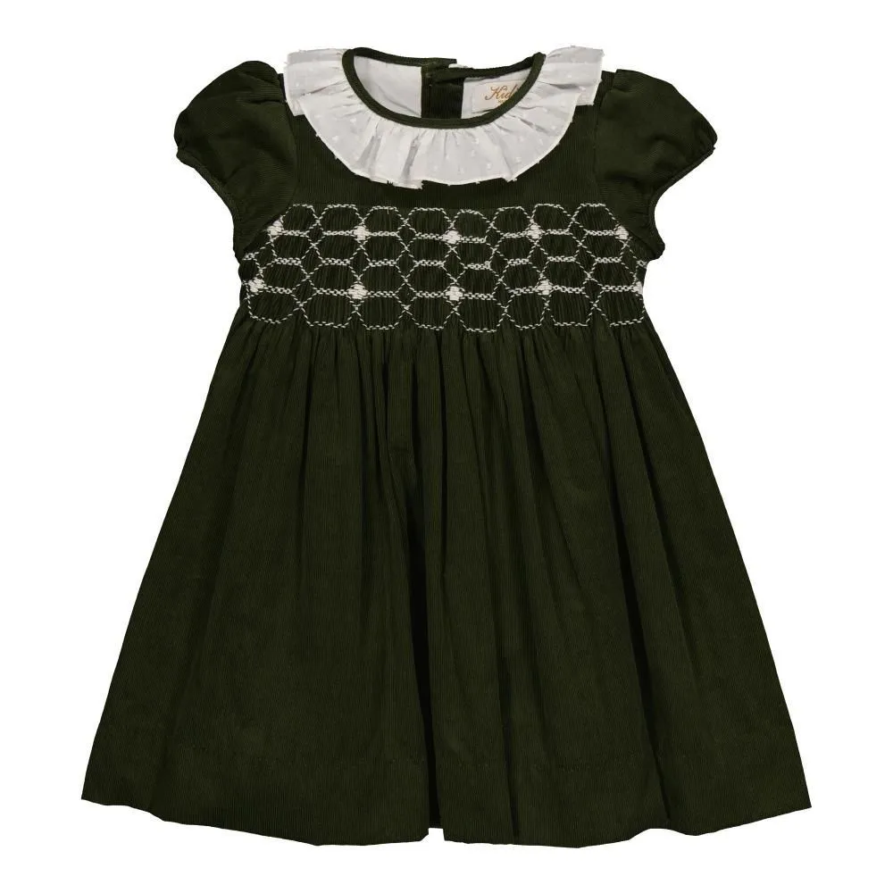 KIDIWI Girls' Corduroy Smocked Dress with White Ruffle Collar - Green