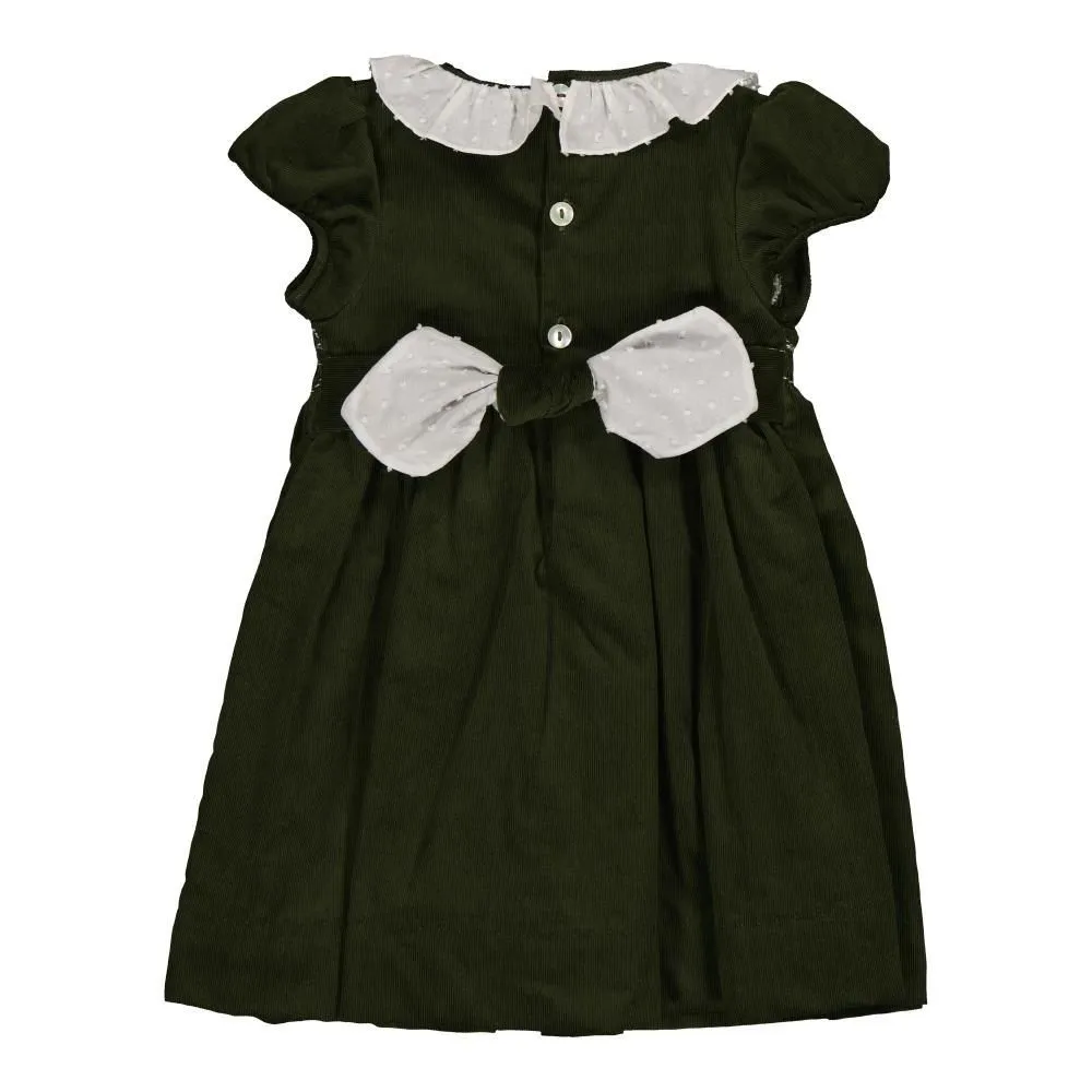 KIDIWI Girls' Corduroy Smocked Dress with White Ruffle Collar - Green