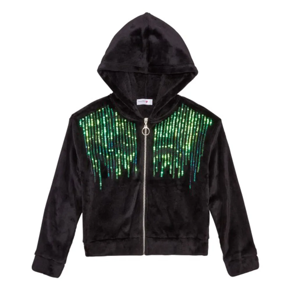 Kids Girl Sequined Hood Neck Jacket,Black