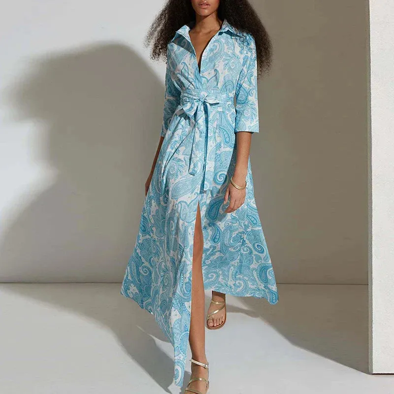 Lady Turn-down Collar Tie Up Long Bohemian Pattern Print Female Casual Half Sleeved Split Summer Elegant Dress