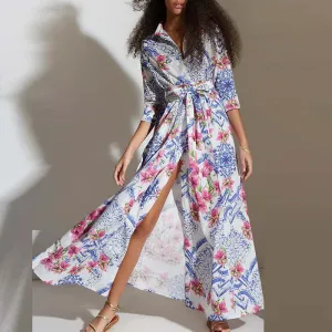 Lady Turn-down Collar Tie Up Long Bohemian Pattern Print Female Casual Half Sleeved Split Summer Elegant Dress