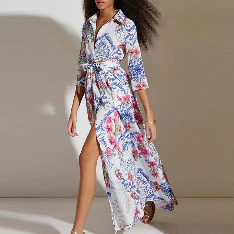 Lady Turn-down Collar Tie Up Long Bohemian Pattern Print Female Casual Half Sleeved Split Summer Elegant Dress