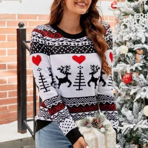 Laureigh Reindeer Heart Print Knit Pullover Sweater