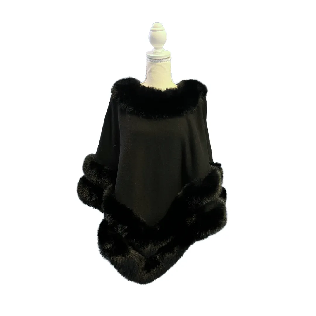 Layered Black Fur Poncho