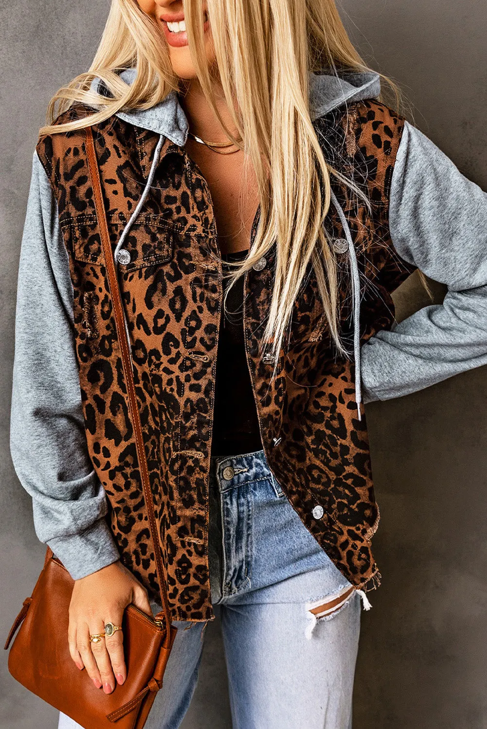 Leopard Ripped Hooded Denim Jacket