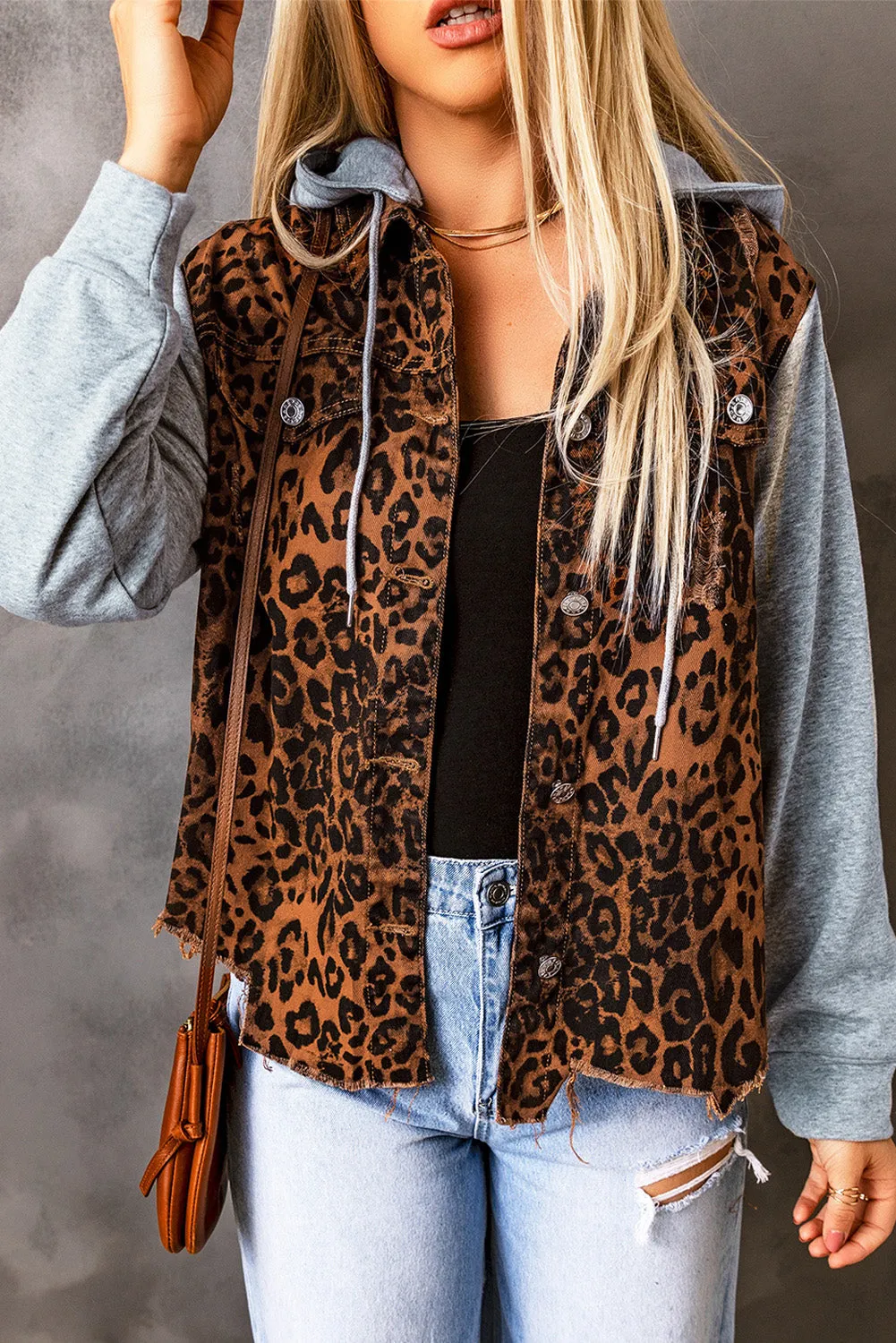 Leopard Ripped Hooded Denim Jacket