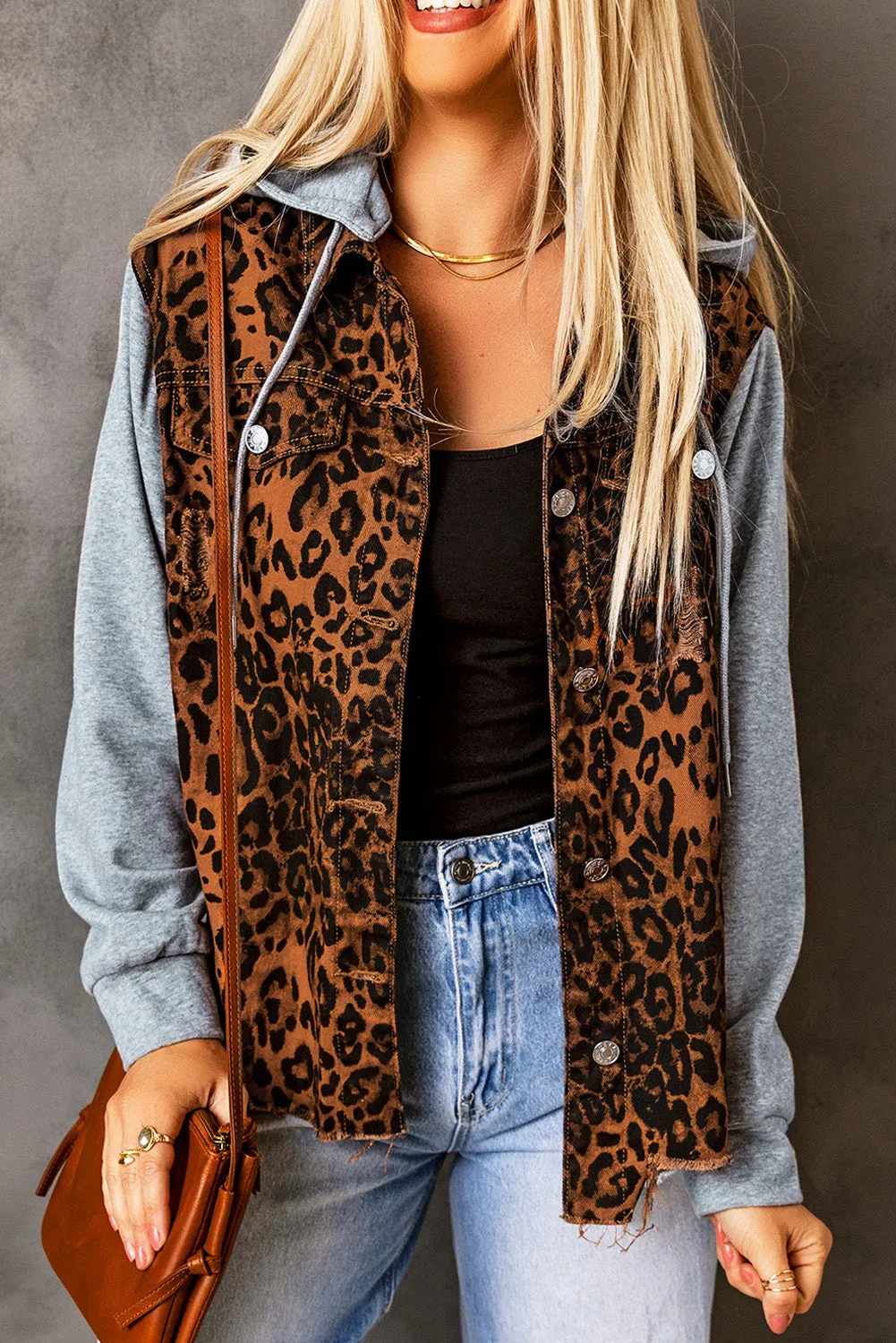 Leopard Ripped Hooded Denim Jacket