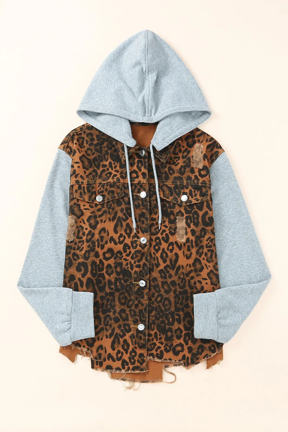 Leopard Ripped Hooded Denim Jacket