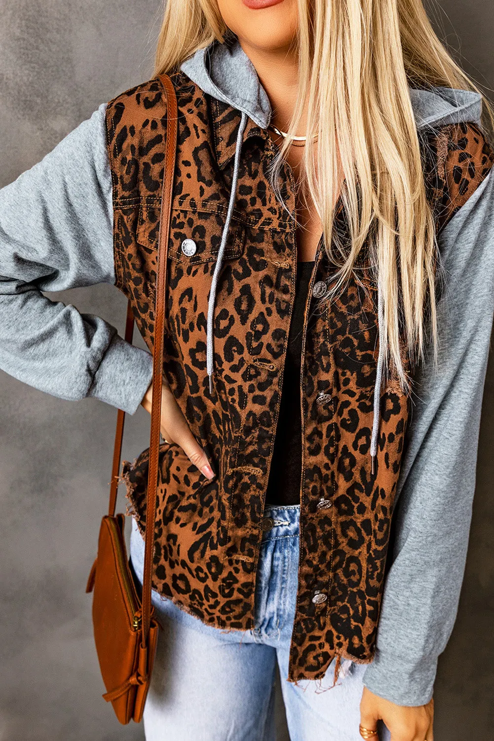 Leopard Ripped Hooded Denim Jacket