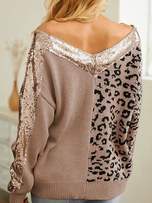 Leopard Sequin V-Neck Long Sleeve Sweater