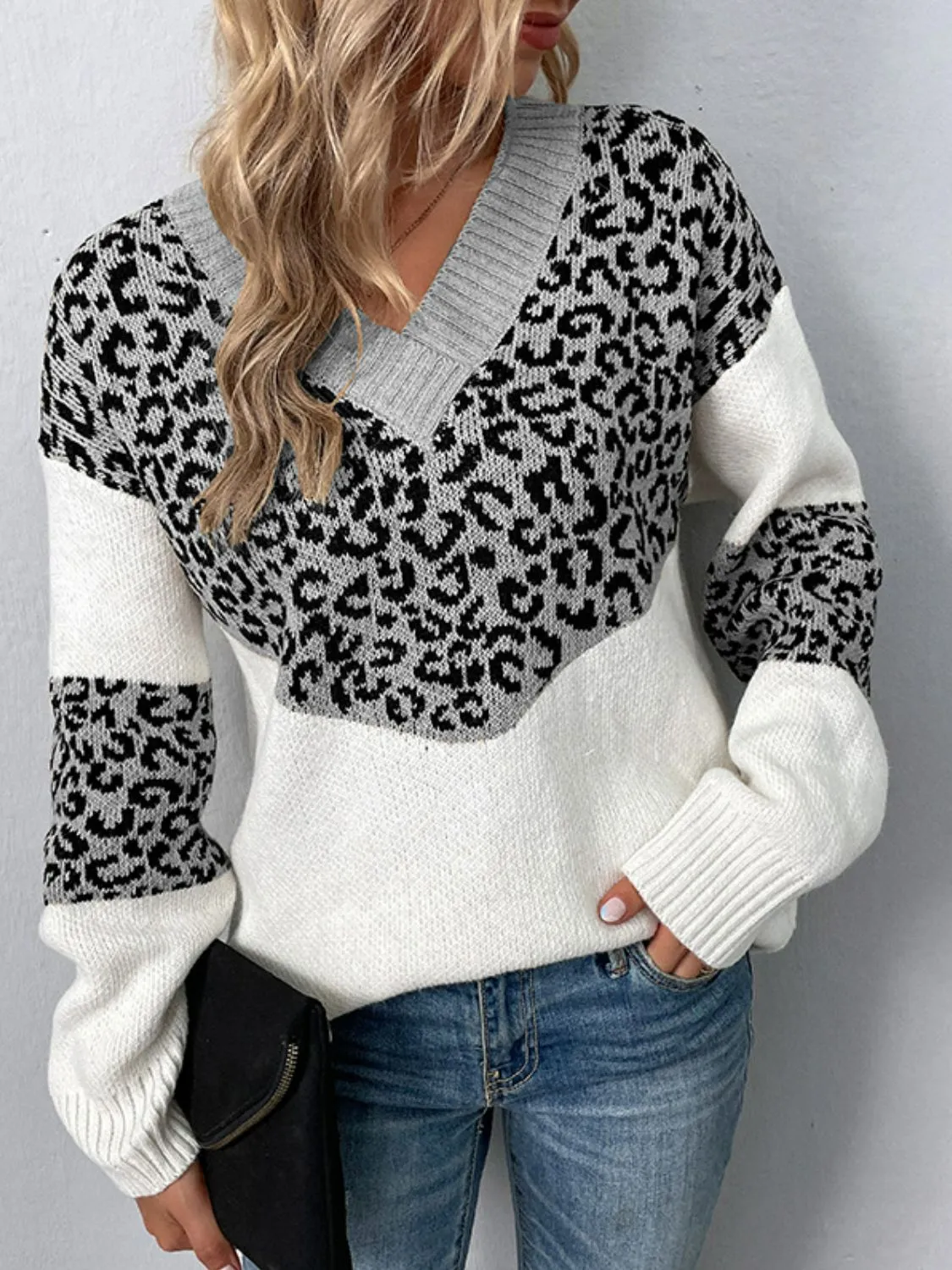 Leopard V-Neck Dropped Shoulder Sweater