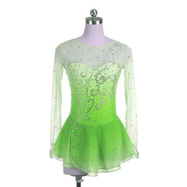 Lime Green Ombre Competition Skating Dress Crystal Design BSU12062.LG STOCK