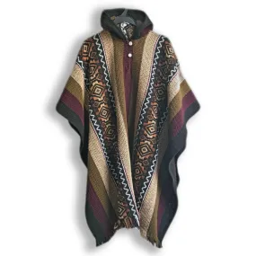 Llama Wool Unisex South American Handwoven Hooded Poncho - khaki/lilac stripes with diamonds pattern