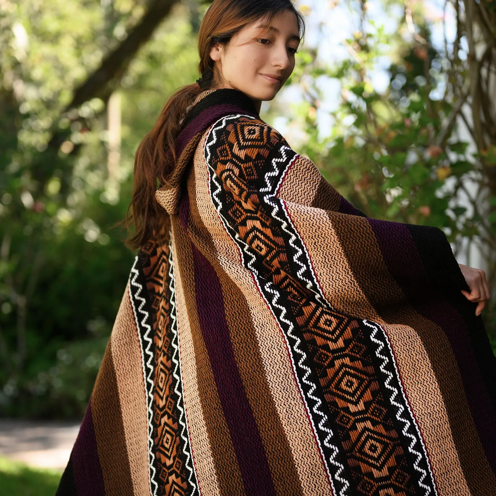 Llama Wool Unisex South American Handwoven Hooded Poncho - khaki/lilac stripes with diamonds pattern