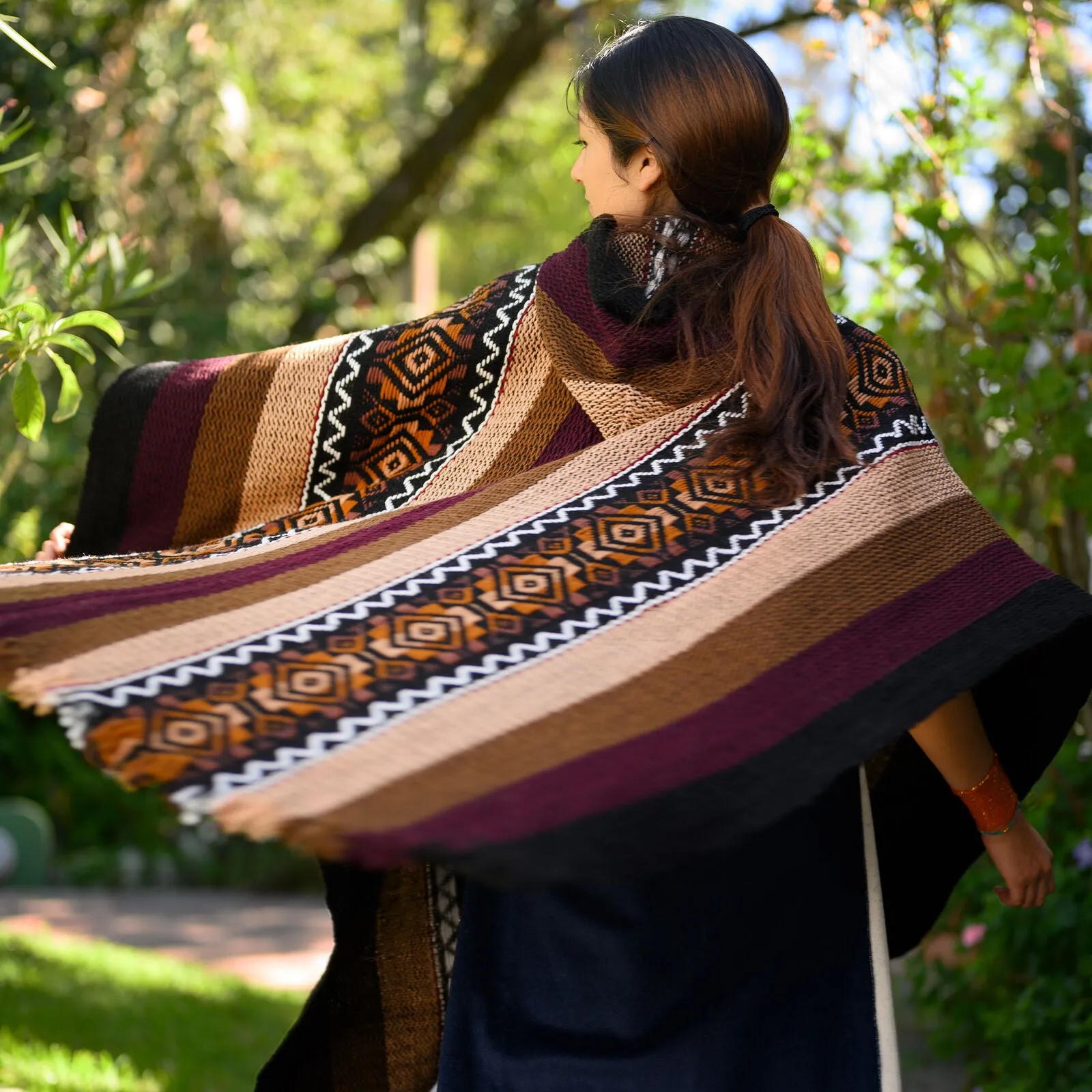 Llama Wool Unisex South American Handwoven Hooded Poncho - khaki/lilac stripes with diamonds pattern