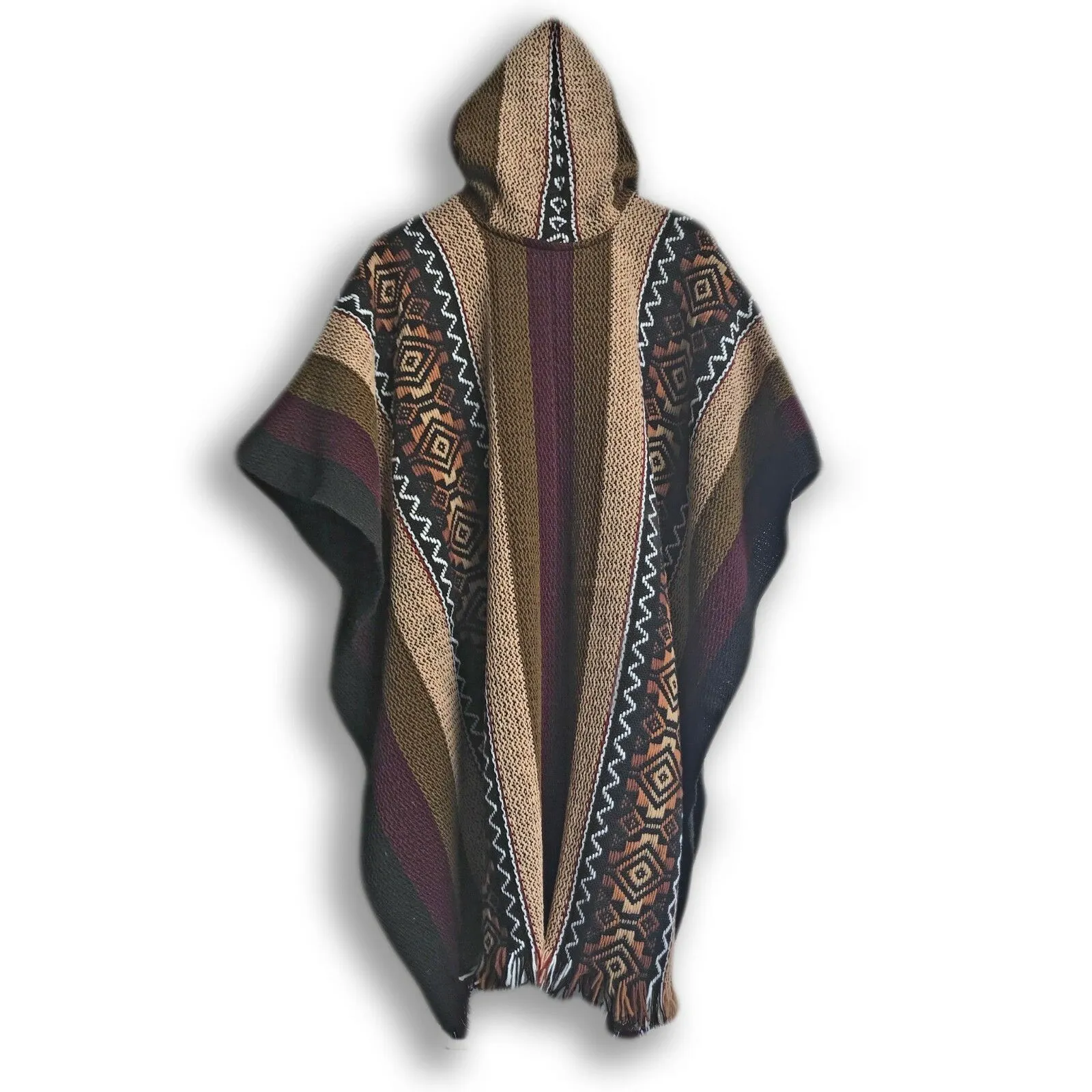 Llama Wool Unisex South American Handwoven Hooded Poncho - khaki/lilac stripes with diamonds pattern