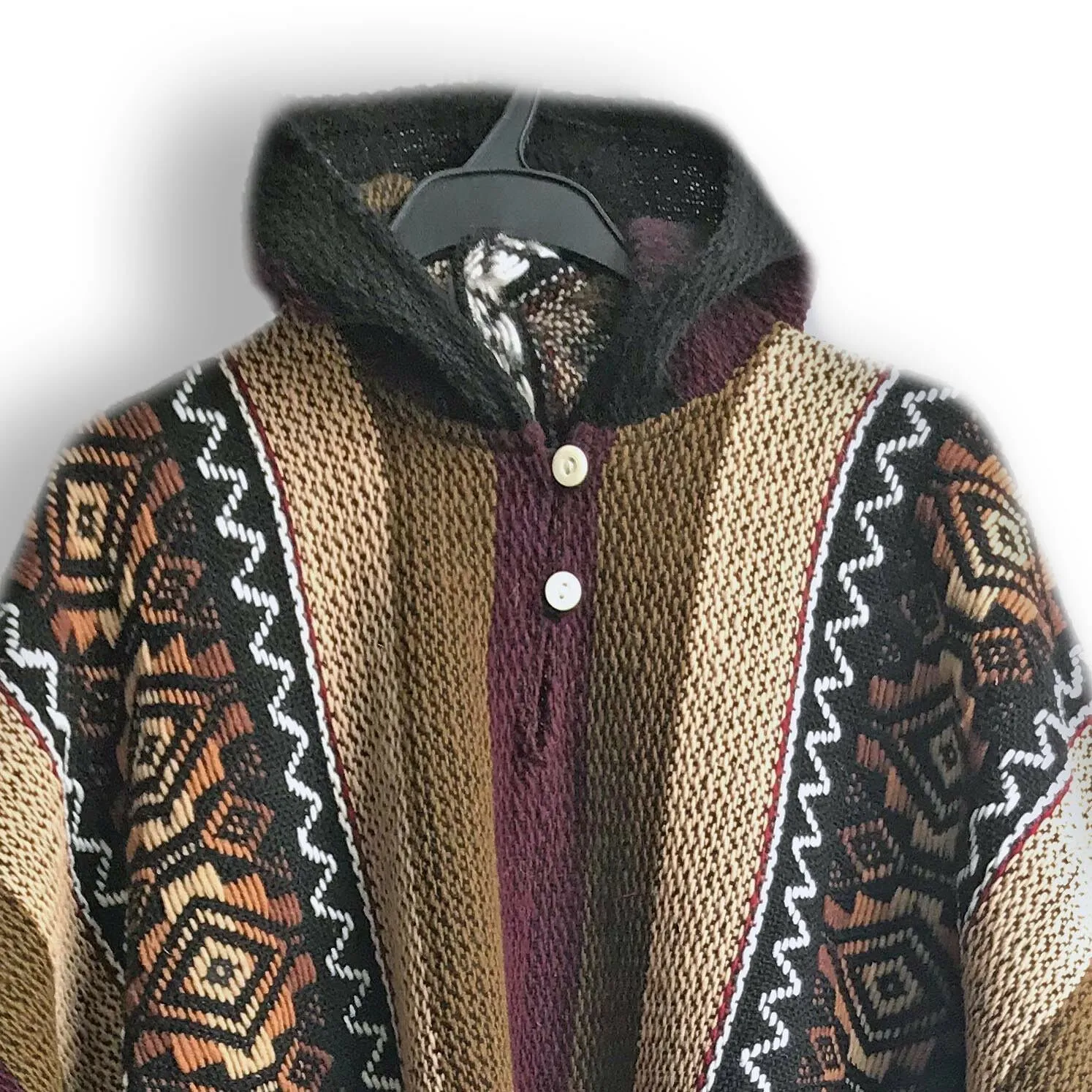 Llama Wool Unisex South American Handwoven Hooded Poncho - khaki/lilac stripes with diamonds pattern