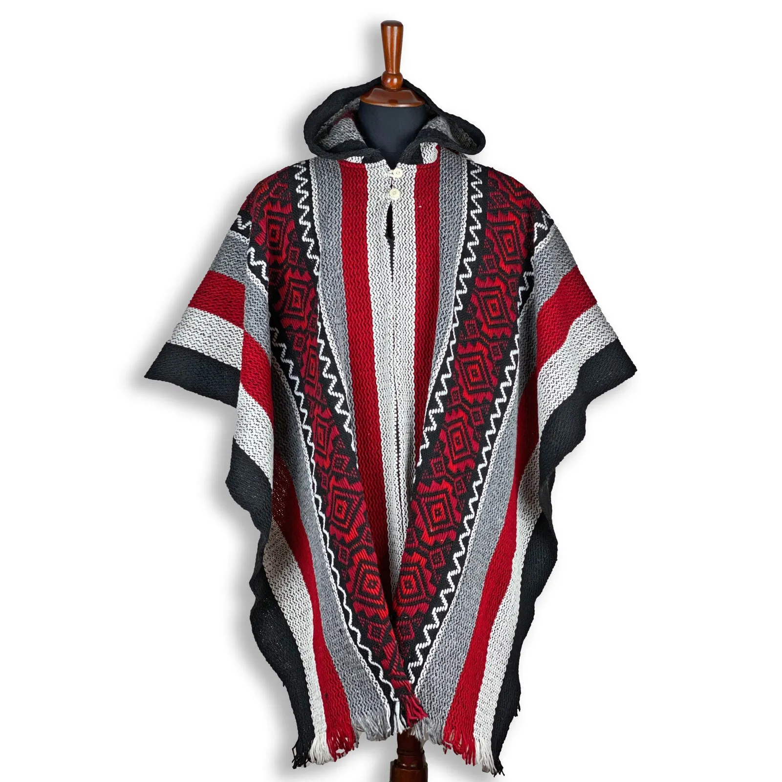 Llama Wool Unisex South American Handwoven Poncho - striped pattern BLACK/WHITE/RED with red diamonds