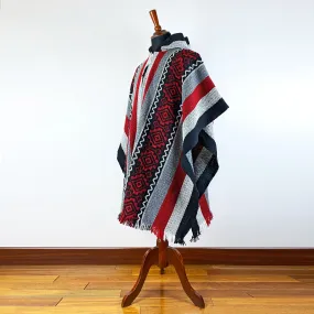 Llama Wool Unisex South American Handwoven Poncho - striped pattern BLACK/WHITE/RED with red diamonds